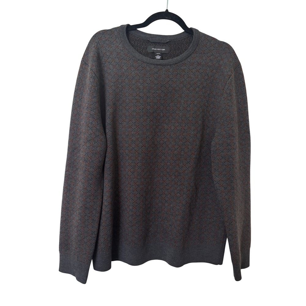 Jones‎ New York Mens XL Merino Wool Crew Neck Sweater Grey Brown Geometric Knit